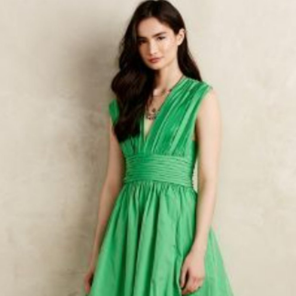 Anthropologie Tracy Reese Midi Dress Parted Emerald Dress with Pockets